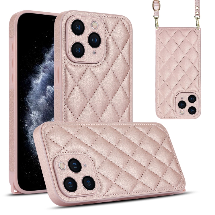 

For iPhone 11 Pro Rhombic Texture Phone Case with Dual Lanyard(Rose Gold)