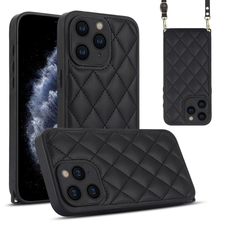 

For iPhone 11 Pro Max Rhombic Texture Phone Case with Dual Lanyard(Black)