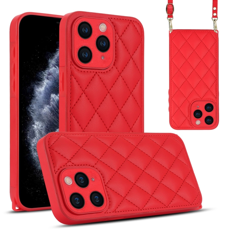 

For iPhone 11 Pro Max Rhombic Texture Phone Case with Dual Lanyard(Red)
