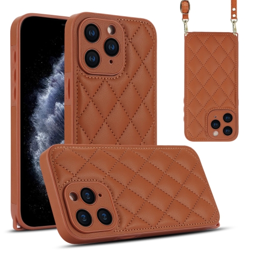 

For iPhone 11 Pro Max Rhombic Texture Phone Case with Dual Lanyard(Brown)