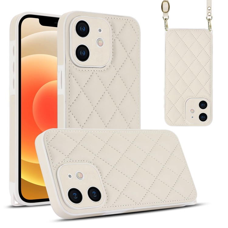 

For iPhone 12 Rhombic Texture Phone Case with Dual Lanyard(White)