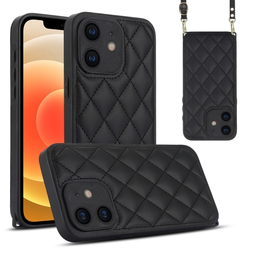 

For iPhone 12 Rhombic Texture Phone Case with Dual Lanyard(Black)