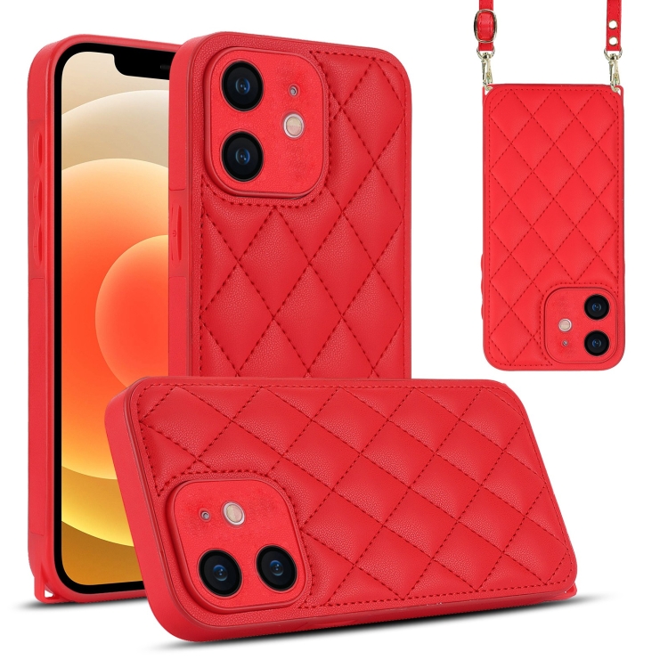 

For iPhone 12 Rhombic Texture Phone Case with Dual Lanyard(Red)
