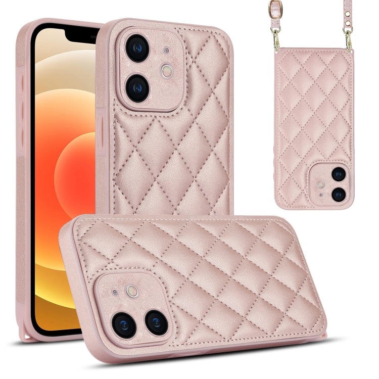 

For iPhone 12 Rhombic Texture Phone Case with Dual Lanyard(Rose Gold)
