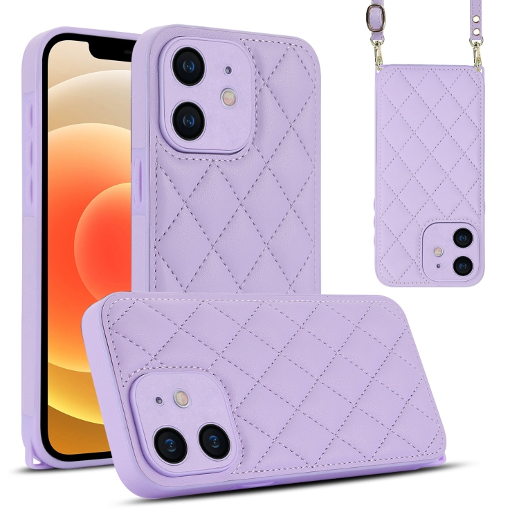 

For iPhone 12 Rhombic Texture Phone Case with Dual Lanyard(Purple)