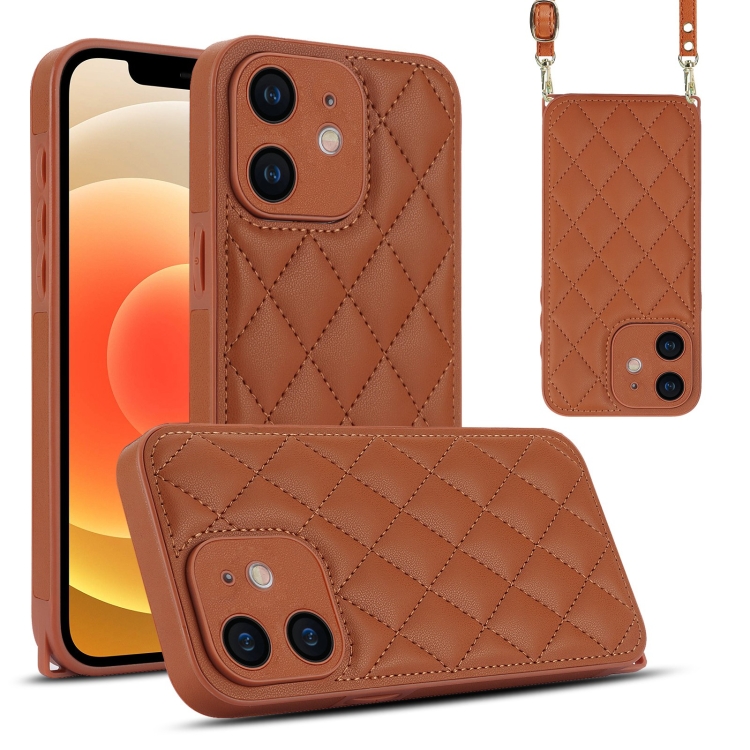 

For iPhone 12 Rhombic Texture Phone Case with Dual Lanyard(Brown)