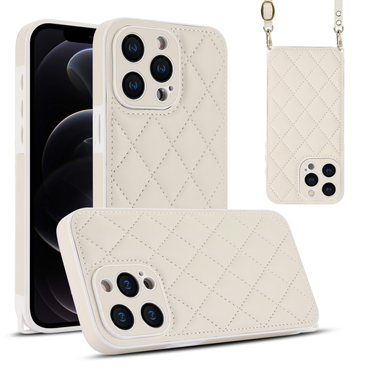

For iPhone 12 Pro Rhombic Texture Phone Case with Dual Lanyard(White)