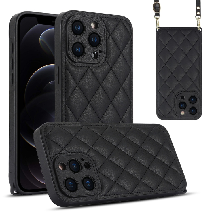 

For iPhone 12 Pro Rhombic Texture Phone Case with Dual Lanyard(Black)