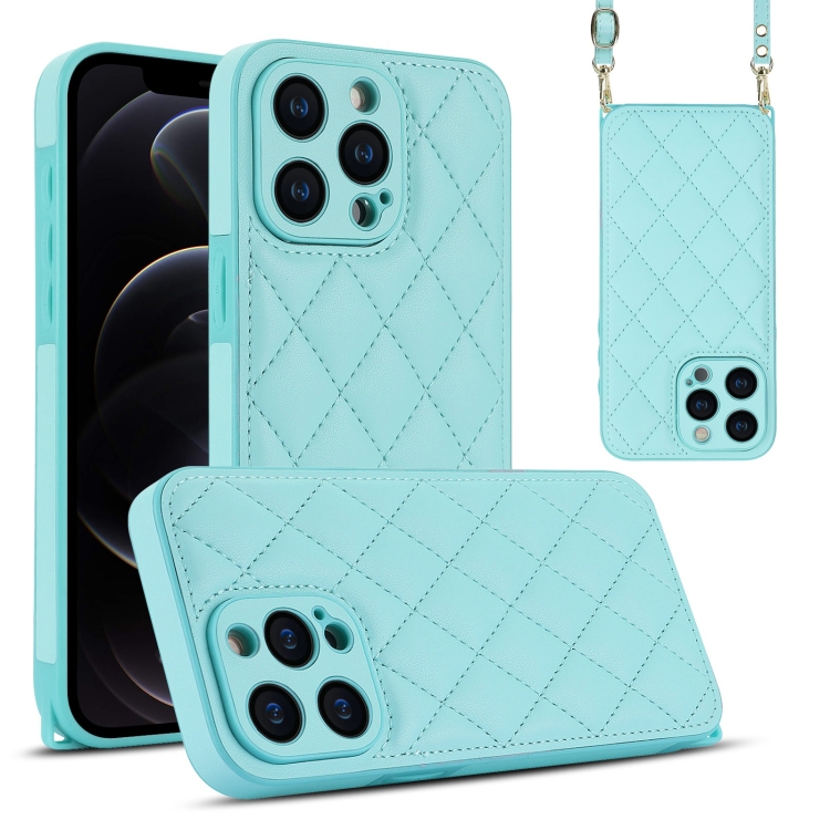 

For iPhone 12 Pro Rhombic Texture Phone Case with Dual Lanyard(Green)