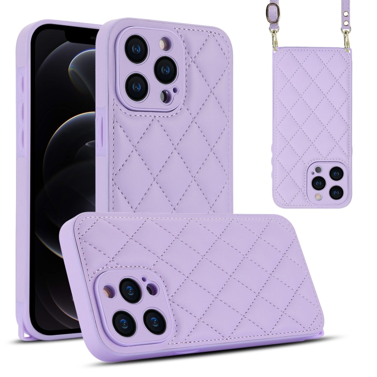 

For iPhone 12 Pro Rhombic Texture Phone Case with Dual Lanyard(Purple)