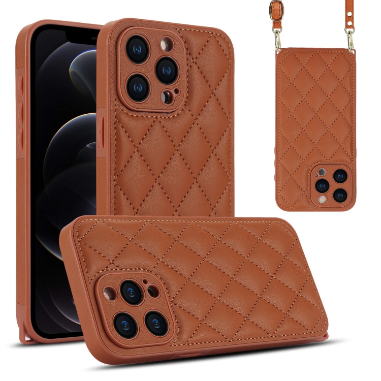 

For iPhone 12 Pro Rhombic Texture Phone Case with Dual Lanyard(Brown)