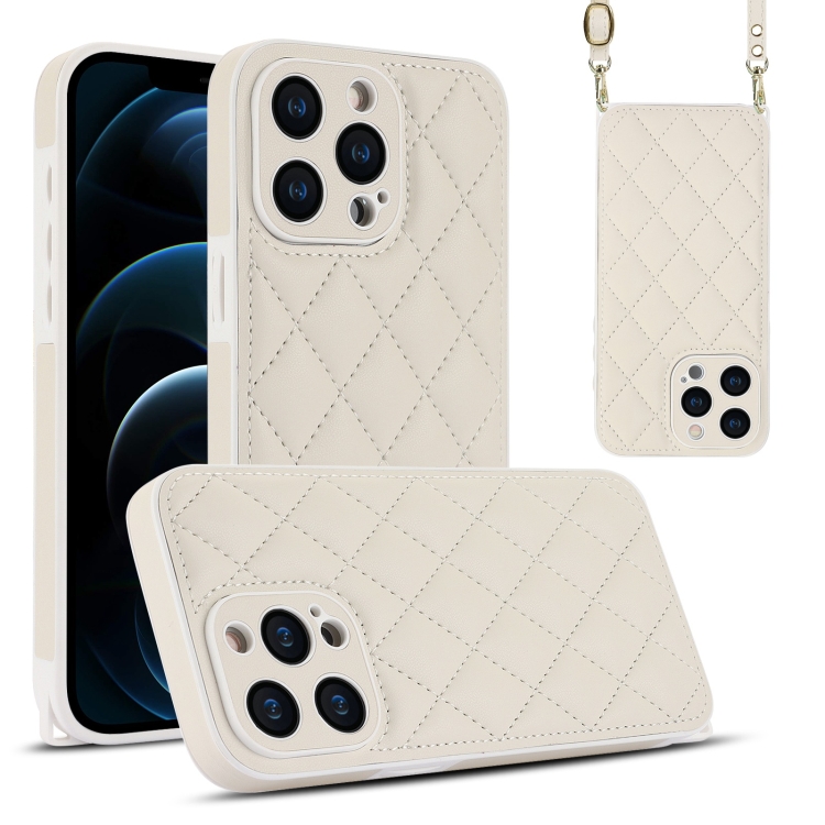 

For iPhone 12 Pro Max Rhombic Texture Phone Case with Dual Lanyard(White)