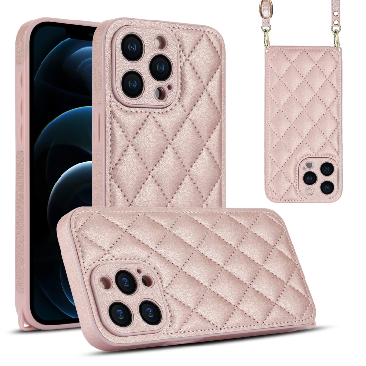 

For iPhone 12 Pro Max Rhombic Texture Phone Case with Dual Lanyard(Rose Gold)
