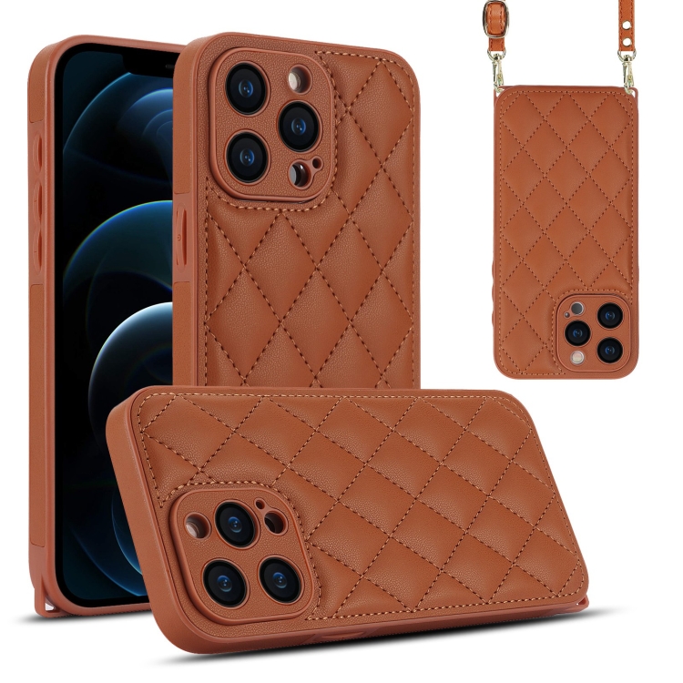 

For iPhone 12 Pro Max Rhombic Texture Phone Case with Dual Lanyard(Brown)