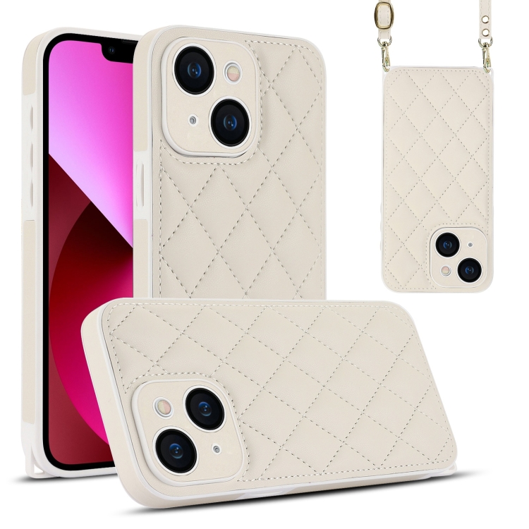 

For iPhone 13 Rhombic Texture Phone Case with Dual Lanyard(White)
