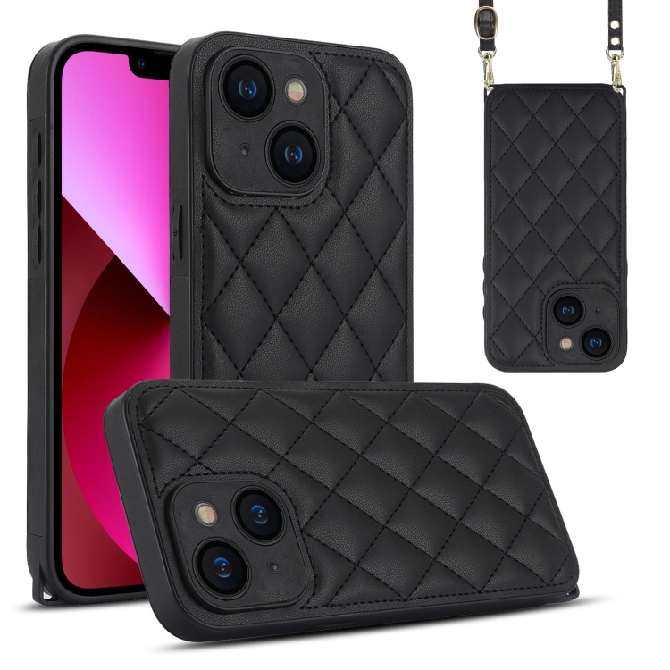 

For iPhone 13 Rhombic Texture Phone Case with Dual Lanyard(Black)