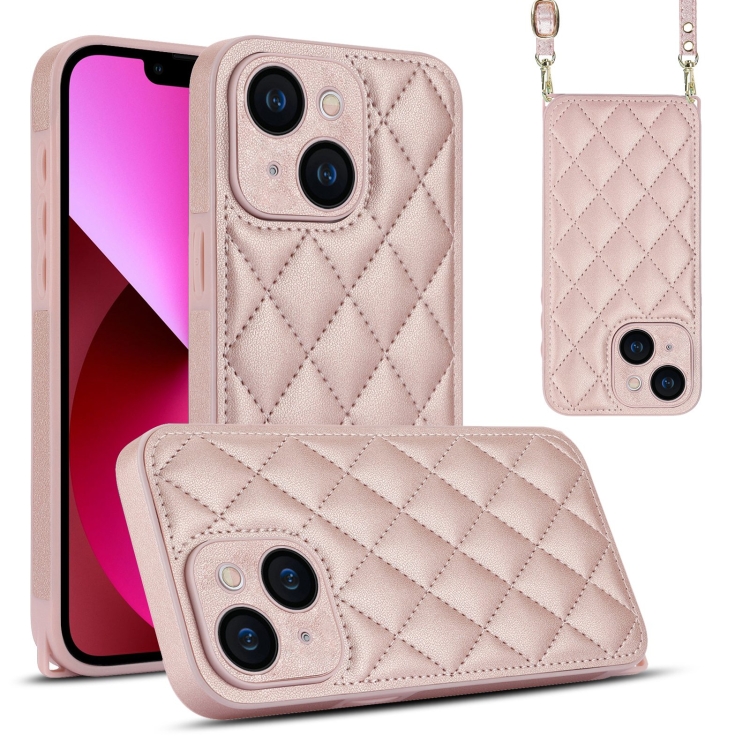

For iPhone 13 Rhombic Texture Phone Case with Dual Lanyard(Rose Gold)
