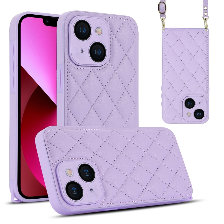

For iPhone 13 Rhombic Texture Phone Case with Dual Lanyard(Purple)