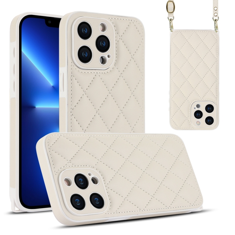 

For iPhone 13 Pro Rhombic Texture Phone Case with Dual Lanyard(White)
