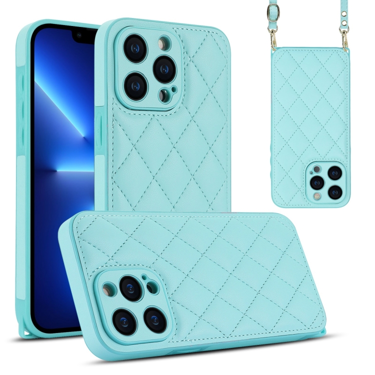 

For iPhone 13 Pro Rhombic Texture Phone Case with Dual Lanyard(Green)