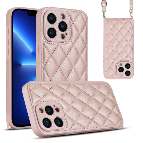

For iPhone 13 Pro Rhombic Texture Phone Case with Dual Lanyard(Rose Gold)