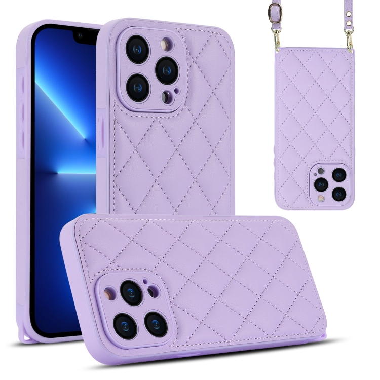 

For iPhone 13 Pro Rhombic Texture Phone Case with Dual Lanyard(Purple)