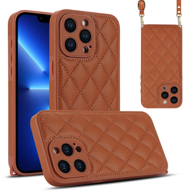 

For iPhone 13 Pro Rhombic Texture Phone Case with Dual Lanyard(Brown)