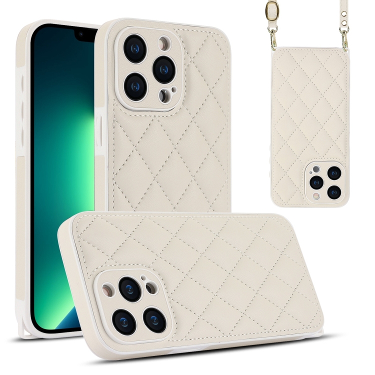 

For iPhone 13 Pro Max Rhombic Texture Phone Case with Dual Lanyard(White)