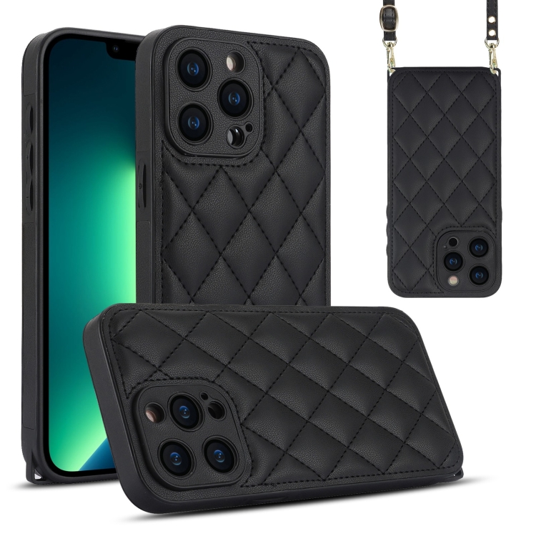

For iPhone 13 Pro Max Rhombic Texture Phone Case with Dual Lanyard(Black)