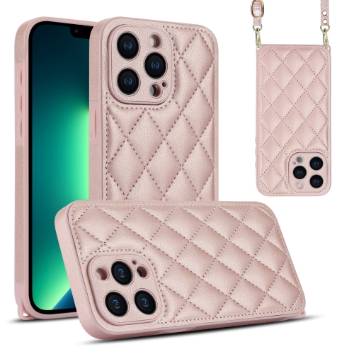 

For iPhone 13 Pro Max Rhombic Texture Phone Case with Dual Lanyard(Rose Gold)