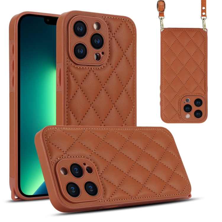 

For iPhone 13 Pro Max Rhombic Texture Phone Case with Dual Lanyard(Brown)