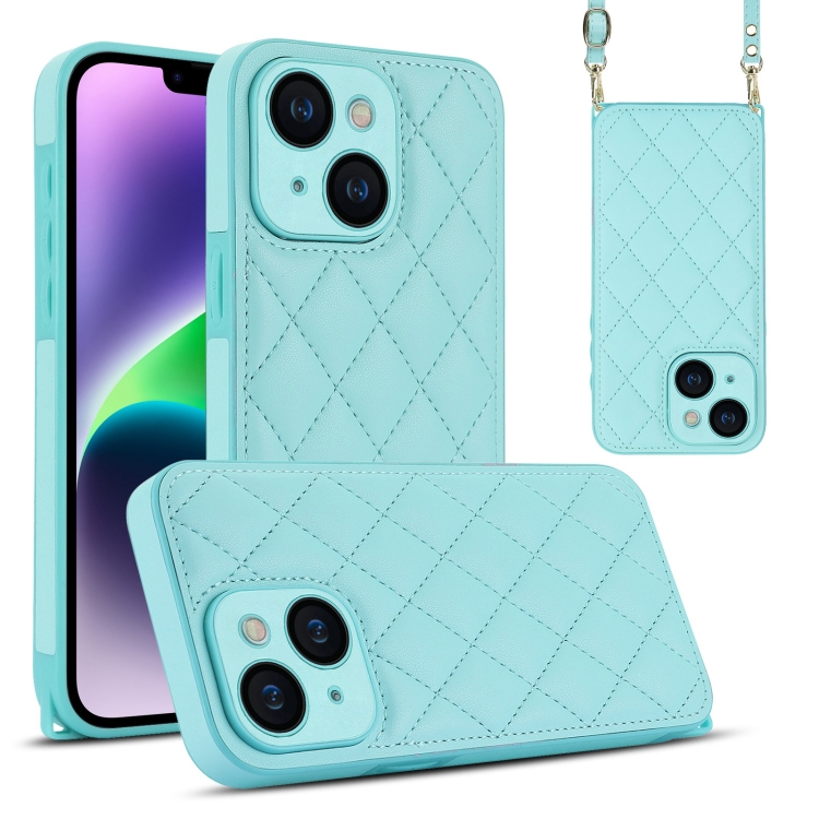 

For iPhone 14 Rhombic Texture Phone Case with Dual Lanyard(Green)