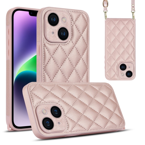 

For iPhone 14 Rhombic Texture Phone Case with Dual Lanyard(Rose Gold)