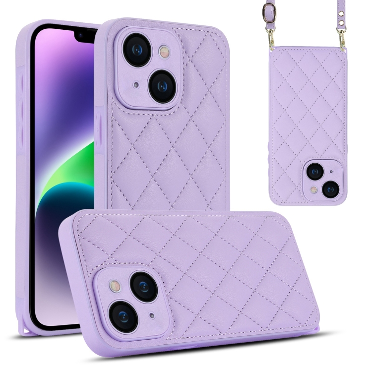 

For iPhone 14 Rhombic Texture Phone Case with Dual Lanyard(Purple)