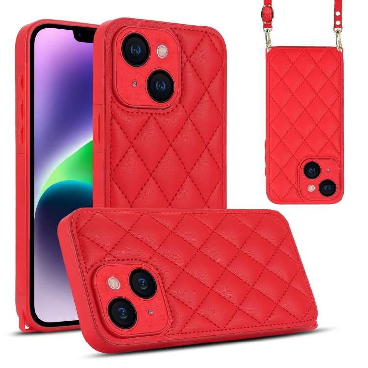 

For iPhone 14 Plus Rhombic Texture Phone Case with Dual Lanyard(Red)