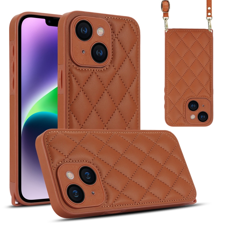 

For iPhone 14 Plus Rhombic Texture Phone Case with Dual Lanyard(Brown)