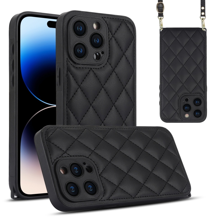 

For iPhone 14 Pro Rhombic Texture Phone Case with Dual Lanyard(Black)