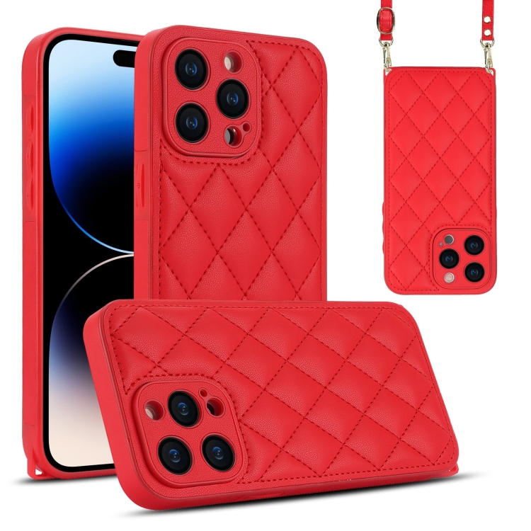 

For iPhone 14 Pro Rhombic Texture Phone Case with Dual Lanyard(Red)