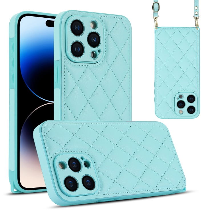 

For iPhone 14 Pro Rhombic Texture Phone Case with Dual Lanyard(Green)