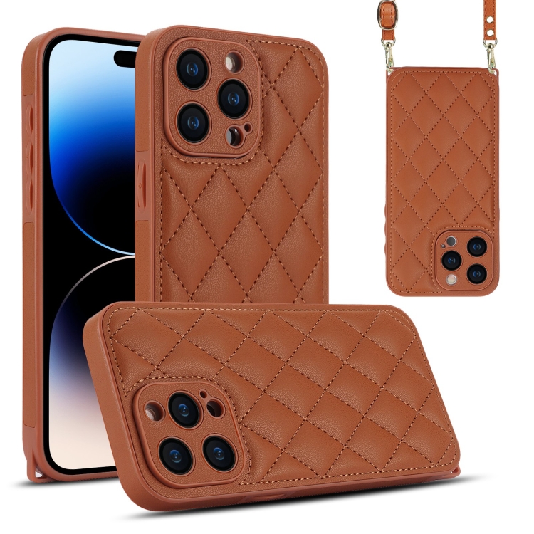 

For iPhone 14 Pro Rhombic Texture Phone Case with Dual Lanyard(Brown)