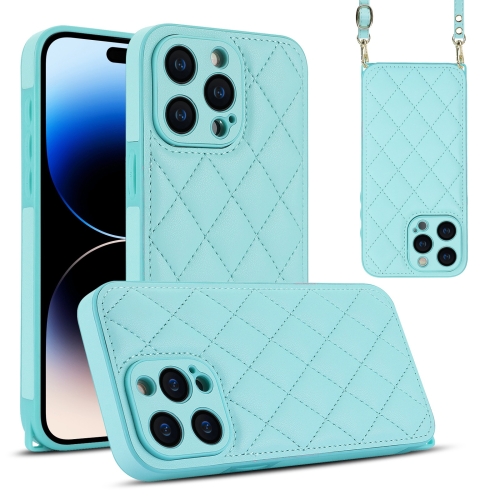 

For iPhone 14 Pro Max Rhombic Texture Phone Case with Dual Lanyard(Green)