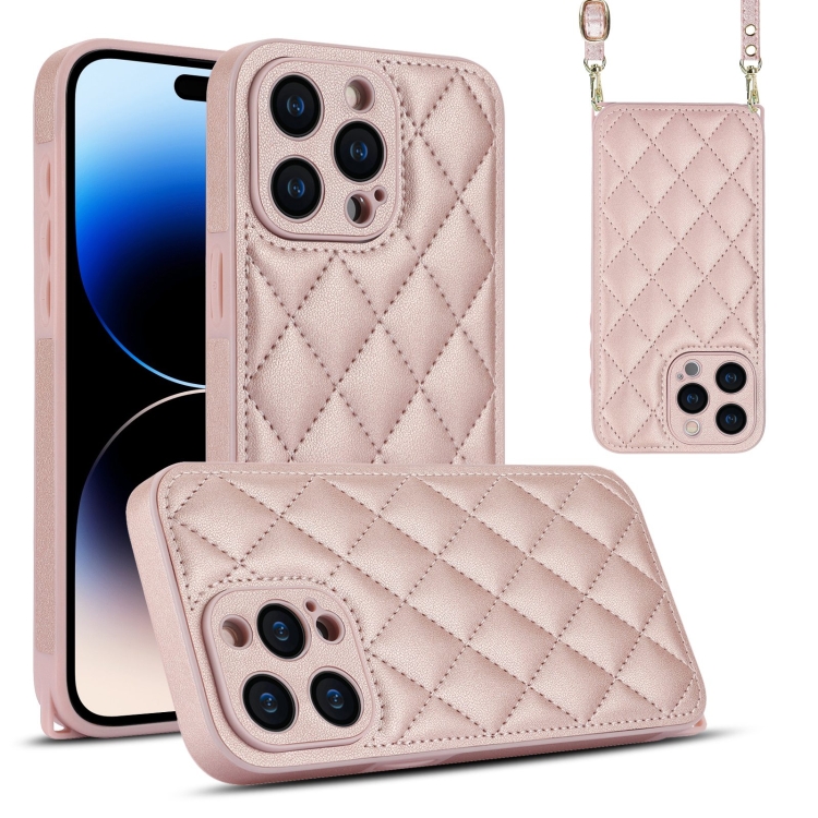

For iPhone 14 Pro Max Rhombic Texture Phone Case with Dual Lanyard(Rose Gold)
