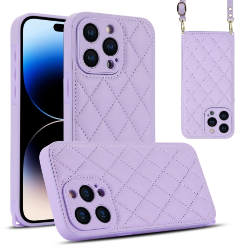 

For iPhone 14 Pro Max Rhombic Texture Phone Case with Dual Lanyard(Purple)