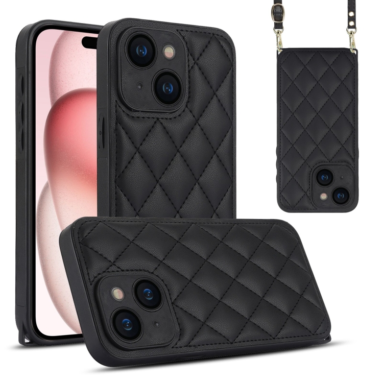 

For iPhone 15 Rhombic Texture Phone Case with Dual Lanyard(Black)