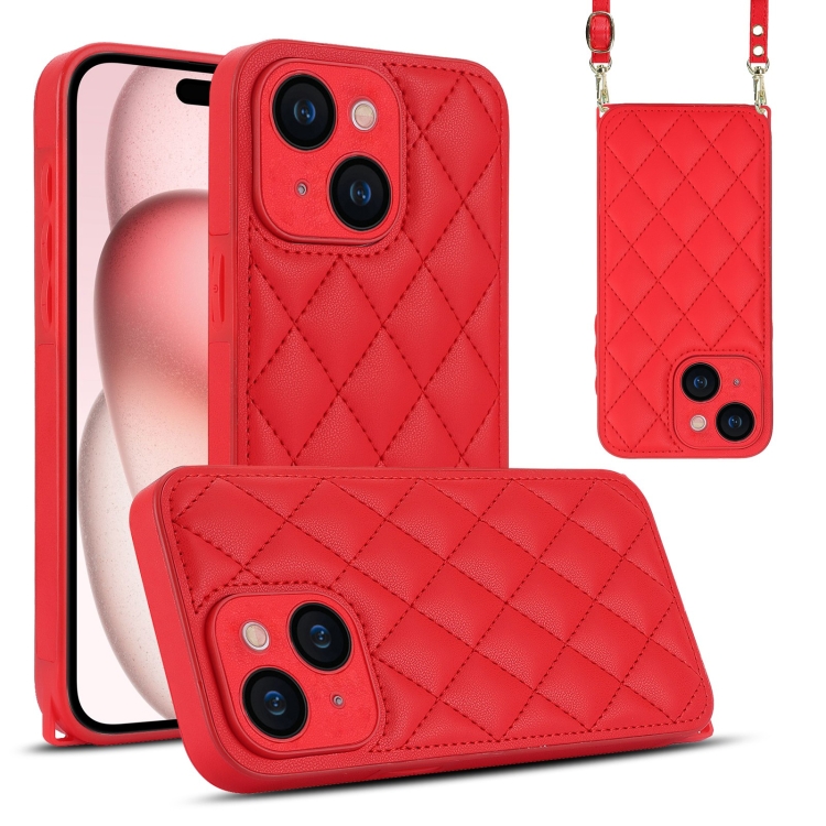 

For iPhone 15 Rhombic Texture Phone Case with Dual Lanyard(Red)