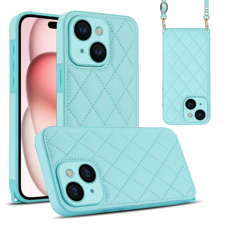 

For iPhone 15 Rhombic Texture Phone Case with Dual Lanyard(Green)