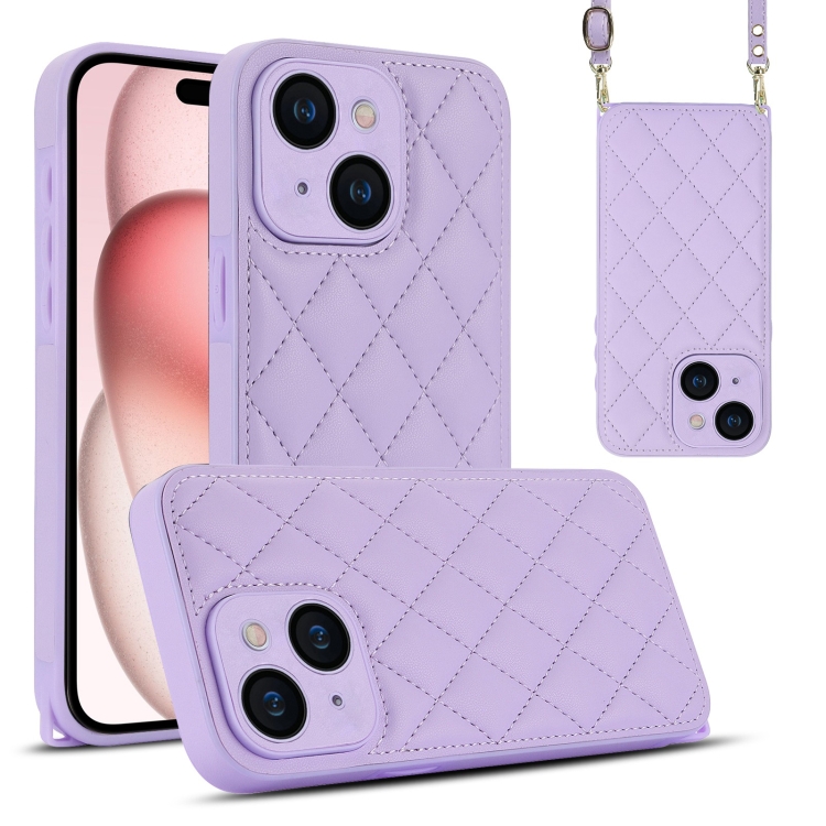 

For iPhone 15 Rhombic Texture Phone Case with Dual Lanyard(Purple)
