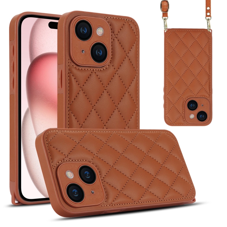 

For iPhone 15 Rhombic Texture Phone Case with Dual Lanyard(Brown)