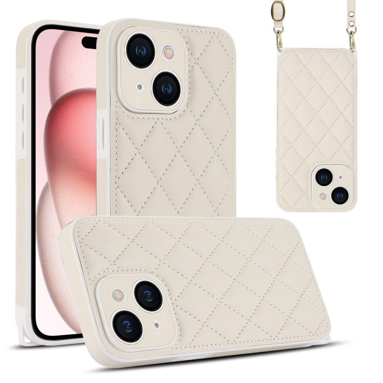 

For iPhone 15 Plus Rhombic Texture Phone Case with Dual Lanyard(White)