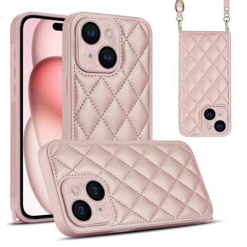 

For iPhone 15 Plus Rhombic Texture Phone Case with Dual Lanyard(Rose Gold)